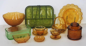 Lot 142 - Group lot of Amber and Green Pressed Depression Glass inc Butter Dish,