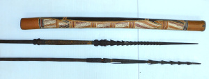Lot 168 - Didgeridoo with Fish and Trap Motif (97cm L) and 2 Sepik Tribal Spears