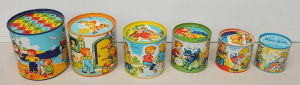Lot 211 - Set of 6 x vintage Chad Valley Tin stacking Kids Toy Sand Buckets - Co Lot 211 - Set of 6 x vintage Chad Valley Tin stacking Kids Toy Sand Buckets - Co