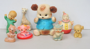 Group vintage Rubber Squeaky Toys inc Elephant, Teddy Bear, Giraffe, Cats Clown