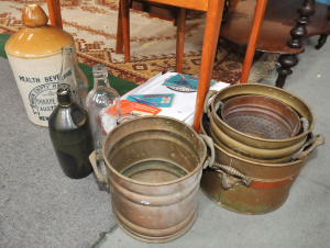 Lot Assorted Items incl Brass Buckets, Sharpe Bros Demijon, Glass Bottles etc