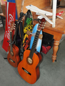 Lot Mixed Items incl Classical Guitars, Longboards some w Reverse Pin Trucks, Co
