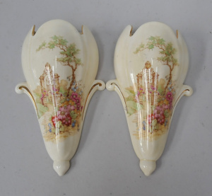 Pair Vintage Royal Winton Wall Pockets - Gateway Pattern with Gilt highlights 22