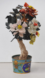 Vintage Chinese Jade Bonsia Tree in Cloisonne twin handled pot 42cm H