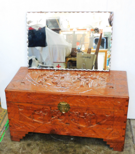 2 pces Vintage inc Carved Camphor Wood Chest 39 x74x36cm & Oblong Piecrust 2 pces Vintage inc Carved Camphor Wood Chest 39 x74x36cm & Oblong Piecrust