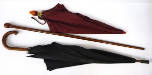 3 x Vintage items inc, Wooden Walking Stick, Ladies Burgandy Umbrella with Amber