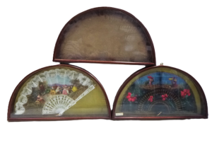 3 x Wooden and Glass Semi Circular Fan Display Cases, 2 with decorative fans, ap