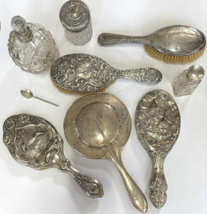 9 pcs c1900 silver & plated items - 2 x hmarked collar glass perfume bottle