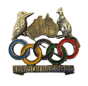 1956 Melbourne Olympics Badge with map of Australia, Kangaroo and Kookaburra and 1956 Melbourne Olympics Badge with map of Australia, Kangaroo and Kookaburra and
