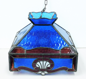 Blue, red, and white leadlight Edwardian style hanging lightshade 39cm W x 38cm