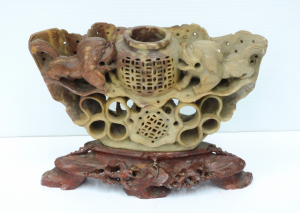 Carved Chinese soapstone incense censor ft lions 24cm W x 18m H