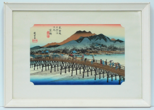 Framed vintage Japanese Woodblock print after Utagawa Hiroshige - Sanjo Ohashi B