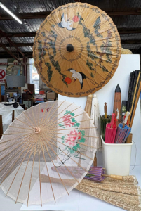 Group - 10 x oriental hand painted umbrellas & 3 x large fans incl Lace &