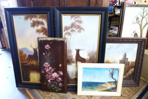Group lot of Vintage Decorative Oil Paintings with subject matter inc, Stags, La Group lot of Vintage Decorative Oil Paintings with subject matter inc, Stags, La