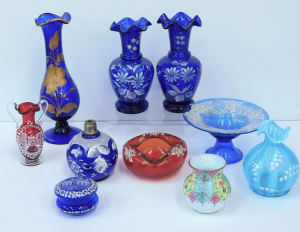 Group lot Victorian & Other hand painted coloured glass inc Blue - Pair Flut Group lot Victorian & Other hand painted coloured glass inc Blue - Pair Flut