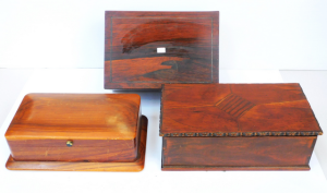 Group of 3 quality small timber boxes inc rosewood with metal and MOP inlay, art Group of 3 quality small timber boxes inc rosewood with metal and MOP inlay, art