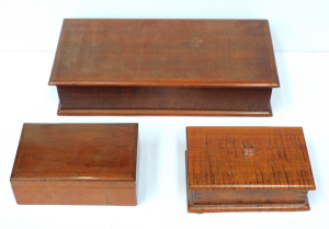 Group of 3 small vintage timber boxes inc oak, mahogany, and fiddleback maple La
