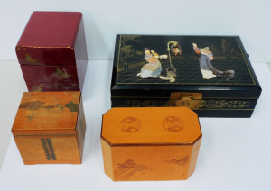 Group of small Oriental boxes decorated with inlay, lacquer etc inc an inlaid me Group of small Oriental boxes decorated with inlay, lacquer etc inc an inlaid me