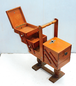 Mid-century teak expanding sewing case with non-original stretcher base 58cm H Mid-century teak expanding sewing case with non-original stretcher base 58cm H