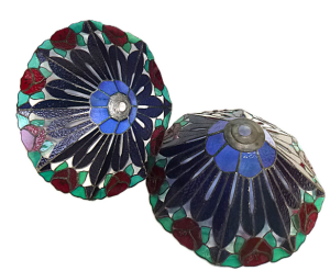 Pair of Vintage Glass Leadlight Light Shades in blue with a border of red flower
