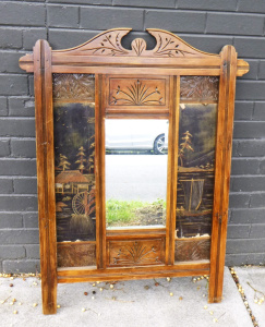 Lot 4 - Edwardian Wooden Overmantel with mirror and panels of Oriental scenes