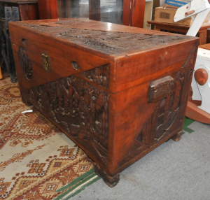 Lot 9 - Large vintage Camphor Wood Trunk - Typical Carved Asian design to lid &a