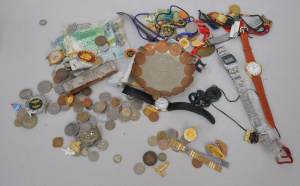 Lot 40 - Mixed Group lot inc German Crackajack Harmonica, Watches, Foreign Coins