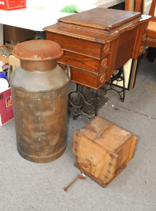 Lot 55 - Vintage Nestle embossed copper milk churn (72cm H) and timber butter ch