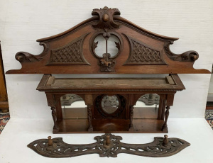 Lot 58 - 3 pces Carved wooden items inc Coat Rack, Mirrored Shelf - Over mantle