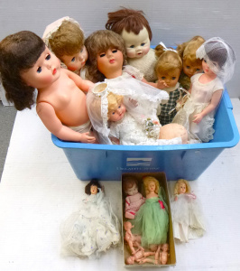 Lot 63 - Box Lot of 1950s and 60s Dolls of assorted sizes inc, hard plastic an