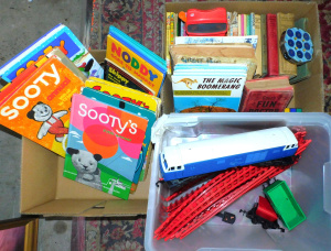Lot 67 - 2 x Boxes Vintage Kids Toys & Books inc Tri-ang Blue Flier O-Gauge