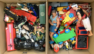 Lot 69 - Large group lot of 2 boxes of mixed toys inc die-cast carstrucks (Corgi