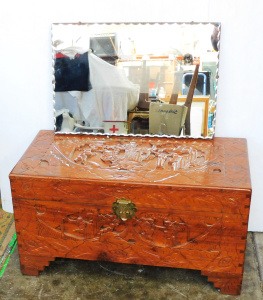Lot 82 - 2 pces Vintage inc Carved Camphor Wood Chest 39 x74x36cm & Oblong