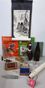 Lot 85 - Box lot mixed inc Vintage Bottles, Oriental Water colour scrolls, Photo