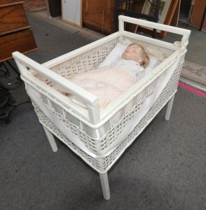 Lot 93 - Vintage Doll & White painted Basinet - Doll - Porcelain head with