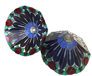 Lot 98 - Pair of Vintage Glass Leadlight Light Shades in blue with a border of r