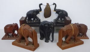 Lot 116 - Vintage ebony elephant gong (39cm W), 2 pairs of vintage teak elephant