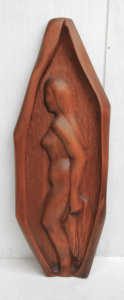 Lot 118 - Mary Lumley (Active c1970 - 80s) Carved Kauri Pine Panel - The Bather