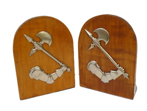 Lot 125 - Pair of Vintage Wooden and Chromed Metal Bookends with applied knights