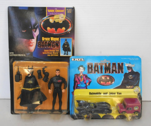Lot 136 - 2 retro carded Batman toys ERTL die-cast Batmobile and Joker Van c1989