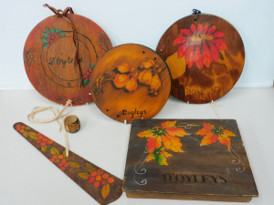 Lot 198 - Group lot of Vintage Australian Pokerwork wooden items inc, page turne