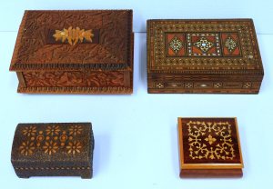 Lot 199 - Group of 4 small carved and inlaid boxes Largest 17cm W