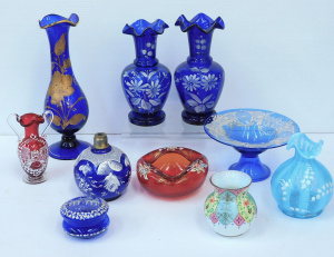 Lot 202 - Group lot Victorian & Other hand painted coloured glass inc Blue -
