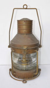 Lot 227 - Vintage Anchor brand brass nautical storm lantern with Fresnel lensing