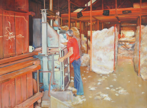 Karlis Mednis (1910 - 1999) Large framed Oil Painting - Dressing the Wool, Mt St Karlis Mednis (1910 - 1999) Large framed Oil Painting - Dressing the Wool, Mt St