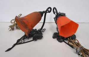 Pair vintage Wall Mountable Lamps - wrought iron w Grape & Vine dcor & O