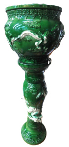 Lot 2 - Unmarked Awaji green and white majolica Dragon jardinire with stand - Ja
