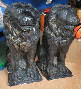 Lot 22 - Pair Vintage Heavy Painted concrete seated Lions 52cm H (damage sighted