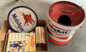 Lot 27 - Box lot of vintage and modern Mad magazines and books, vintage Mobil Pe