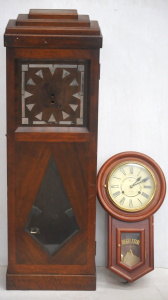 Lot 28 - 2 x Clocks incl Art Deco Grandmother Clock Oak w Veneer Case, Stepped t